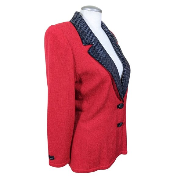 Vintage Toula Two Button Cardigan Jacket Red Knit Black Sequin Collar Womens 10 - Picture 3 of 7